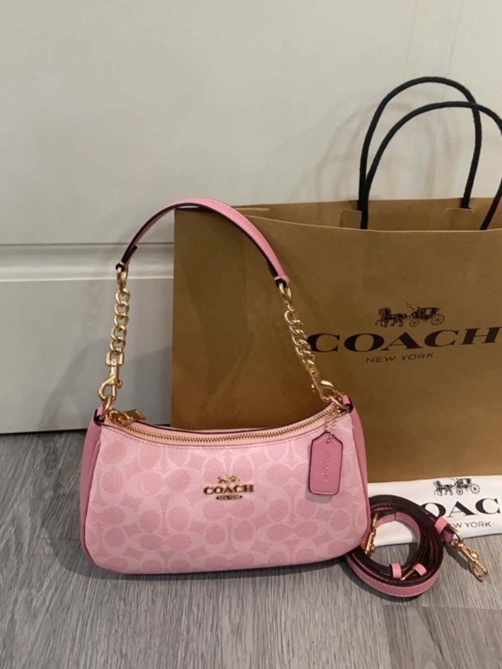 Coach Pink Signature Mini Shoulder Bag with Gold Hardware